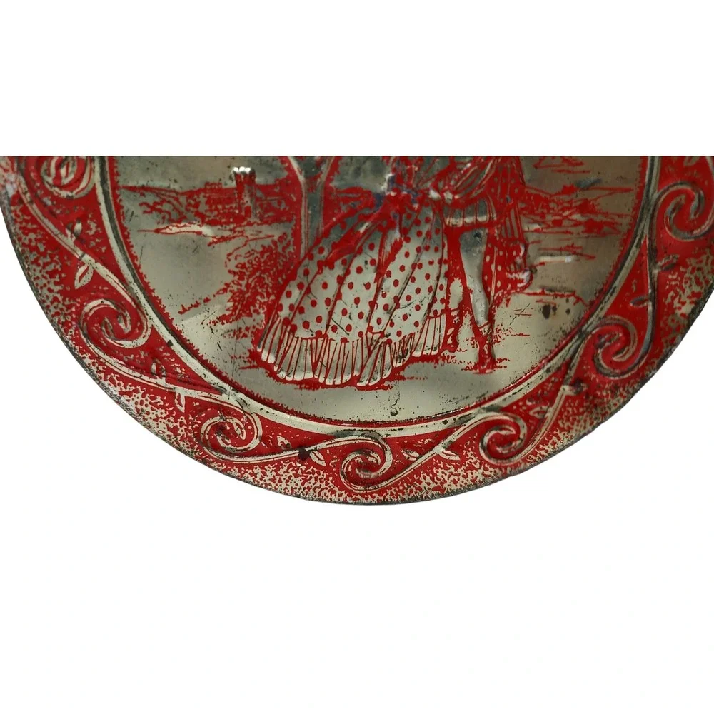 Vintage Embossed‎ Tin Sweets Romantic Couple Red Gold Round Seven Inch Tin SEE